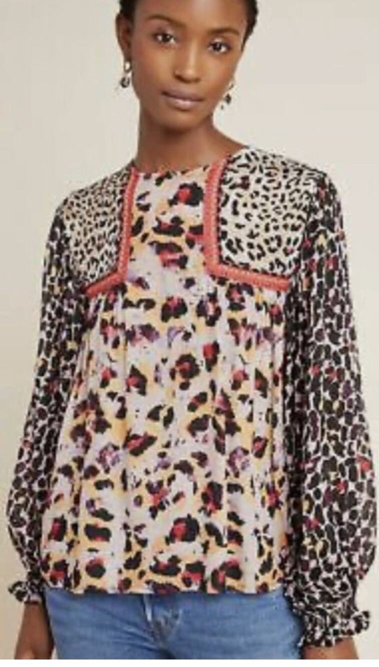Anthro BL-NK Joelle Leopard Peasant Blouse XS Mixed Animal Boho Sheer Top Light